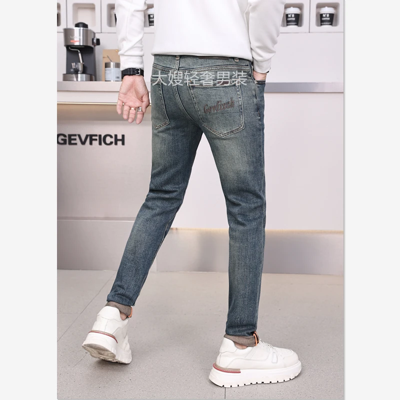 潮流牛仔裤男2024秋季新款欧版时尚刺秀怀旧修身小脚男士百搭长裤