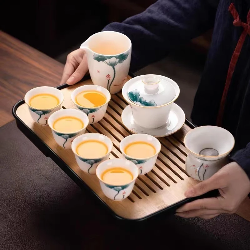 羊脂玉白瓷盖碗套装品茗茶杯家用简约茶具陶瓷三才中式大号高档