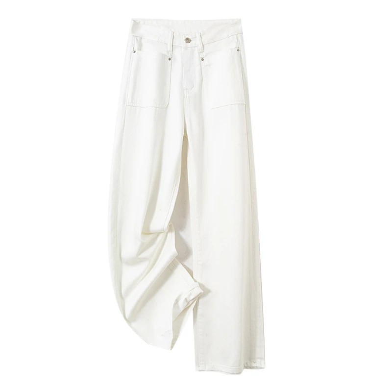 黄花瘦三防面料莱赛尔双口袋开骨阔腿裤女夏高腰直筒牛仔裤100103