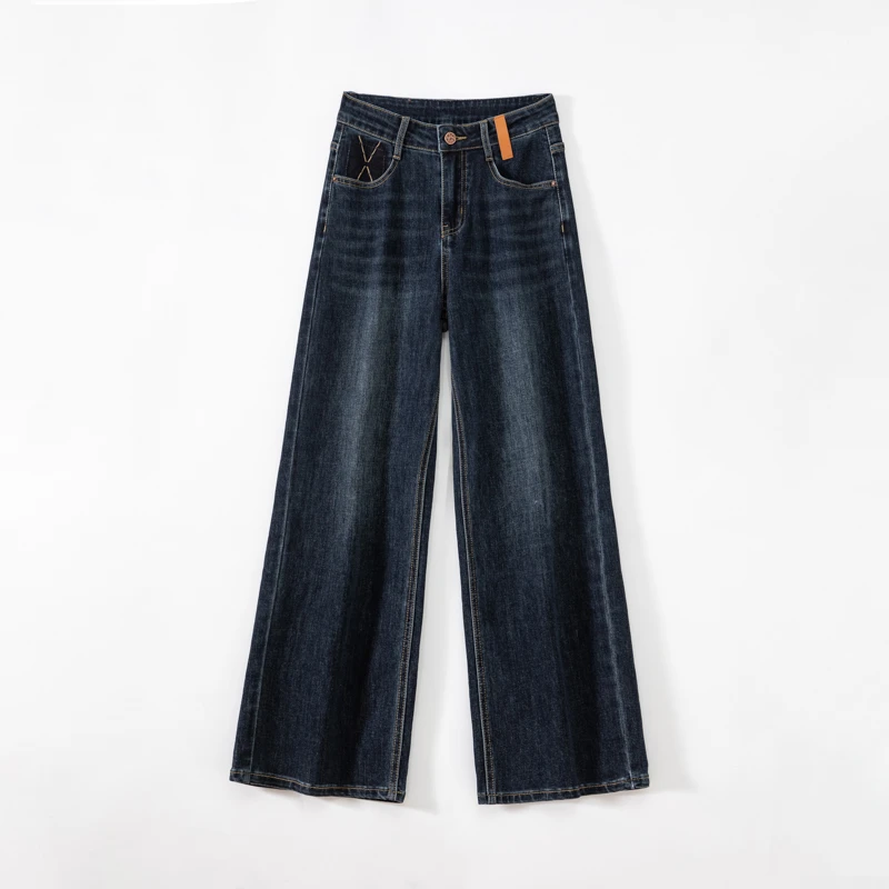 《路家姐妹》蓝灰高腰阔腿裤女2025秋季新款皮牌后袋撞色牛仔裤7160