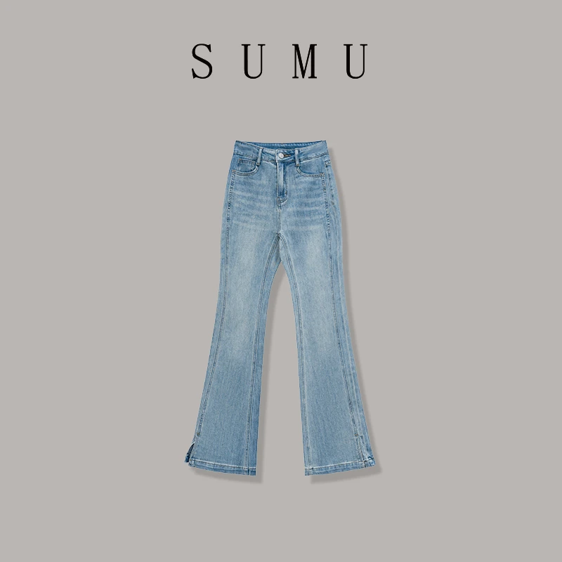 宿慕SUMU 女款喇叭裤 10-19 秋2024新款拼接开叉微喇牛仔裤50051