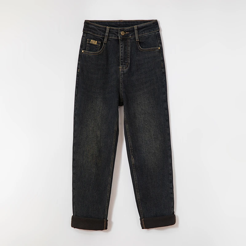 【多拉】高腰直筒牛仔裤女秋冬2025年新款窄版显瘦植绒烟管裤子7005