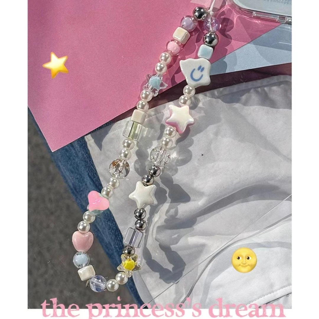 韩国ins云朵星星串珠手机挂件ccd相机珍珠手绳diy珠子手机链少女