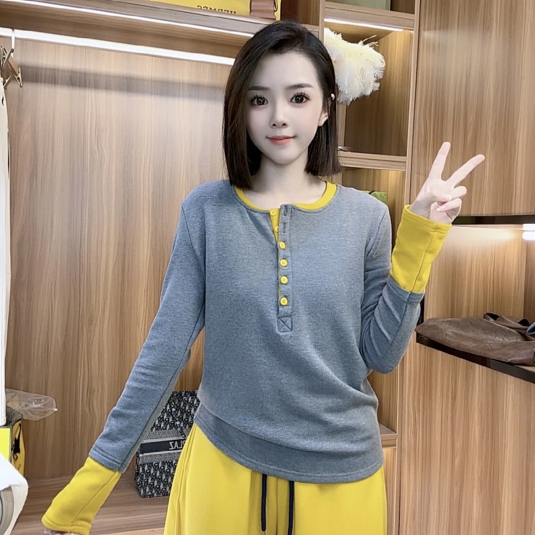 【小黄】24年秋冬加厚磨毛棉打底T恤纽扣休闲百搭秋款加厚长袖