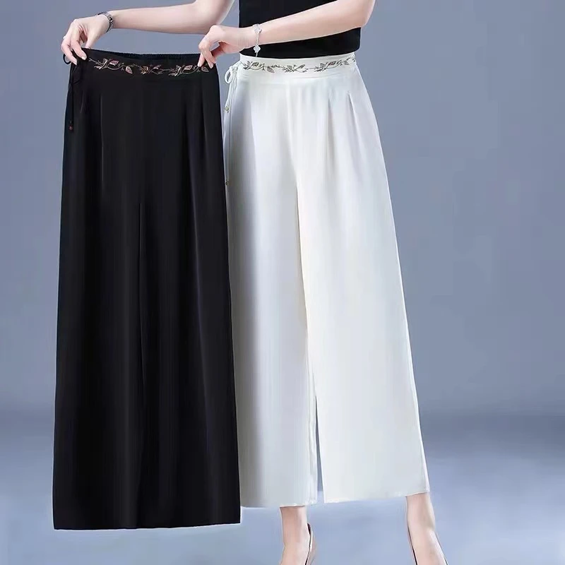 2025春夏新款纯色阔腿裤女时尚夏季休闲高腰薄款九分裤刺绣松紧腰