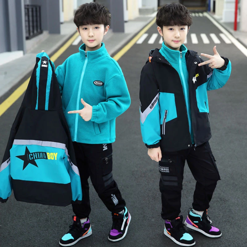 男童秋冬加厚冲锋衣三合一儿童外套春秋装6-12岁加绒可拆卸中大童