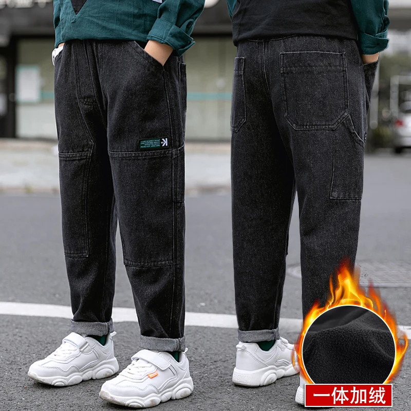 男童加绒牛仔裤儿童一体绒秋冬款中大童老爹裤冬季加厚休闲长裤潮