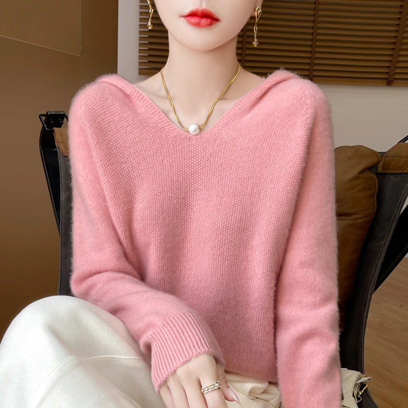 一线成衣~羊绒连帽衫女秋冬新款内搭毛衣宽松显瘦打底针织衫