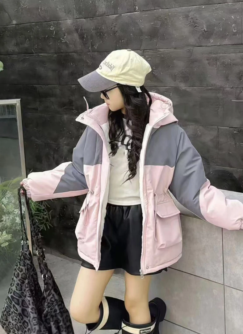 2844-5-2粉色拼接加毛派克棉服