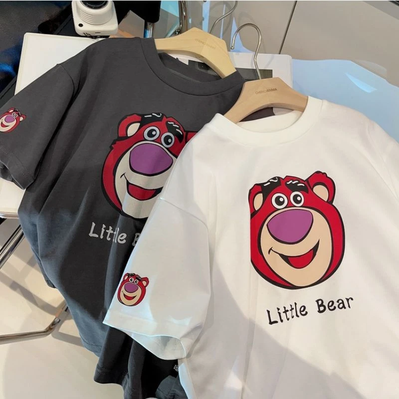 2023新款男童女宝宝洋气卡通草莓熊印花纯棉短袖宽松T恤潮上衣薄