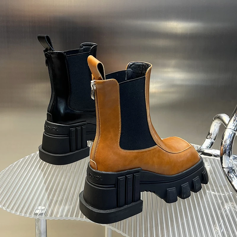 2023秋冬新款厚底粗跟方头小个子百搭增高烟管靴切尔西靴H8989-07