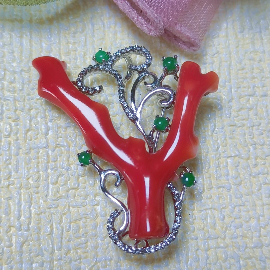 925银胸针  精美红色原枝胸针气质时尚珠宝首饰送妈妈礼物