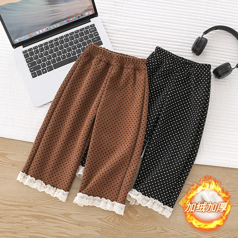 女童秋冬加绒花边长裤2024新款韩版甜美波点镂空蕾丝拼接直筒裤潮