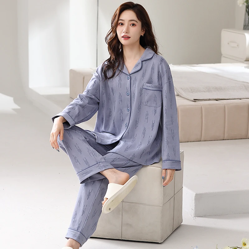 5587女士睡衣春秋季纯棉长袖翻领秋冬家居服套装加大码