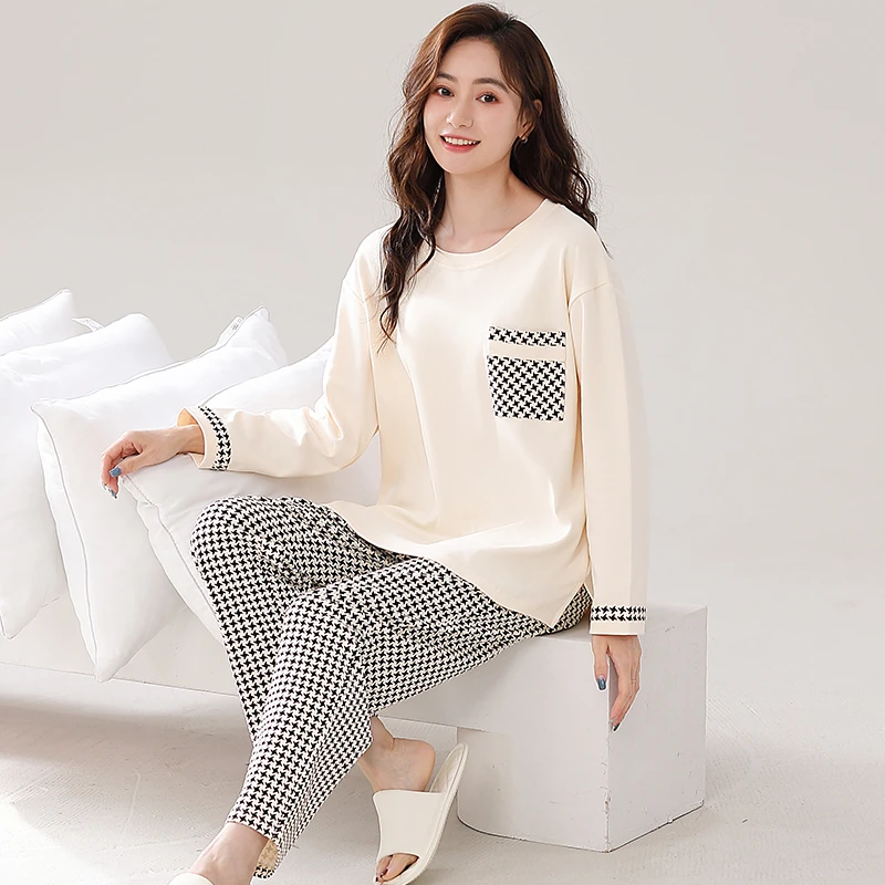 曲秘5630女士睡衣春秋季纯棉长袖圆领秋冬家居服套装加大码
