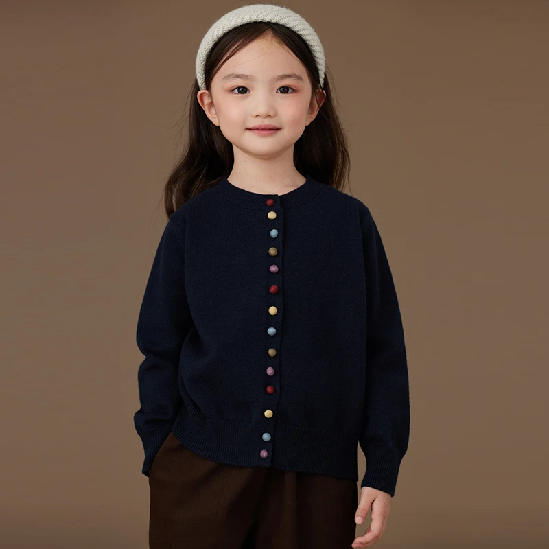 哈齿童装秋冬儿童针织开衫藏青色女孩打底毛衣女童冬装洋气设计感