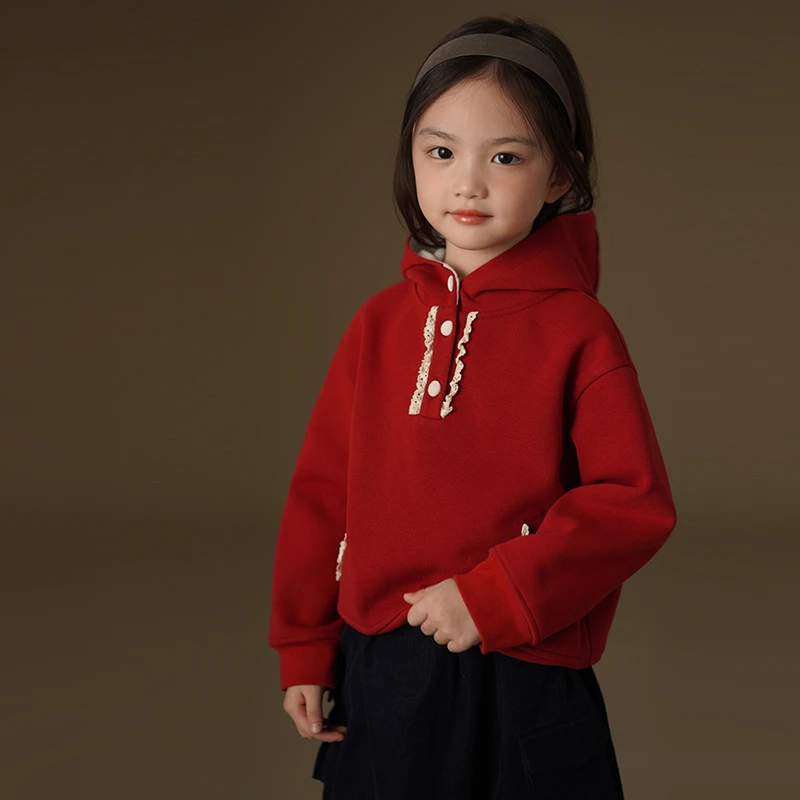 哈齿童装冬季儿童加绒外套加厚保暖红色连帽卫衣女童冬装拜年服装