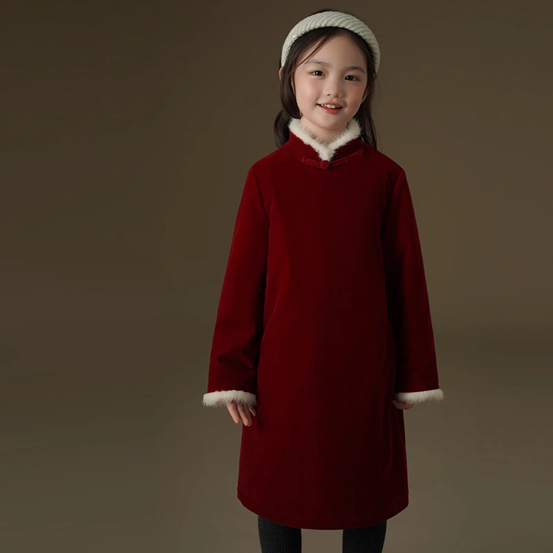 哈齿童装冬季儿童长袖连衣裙真毛领女童红色新中式拜年服新年战袍
