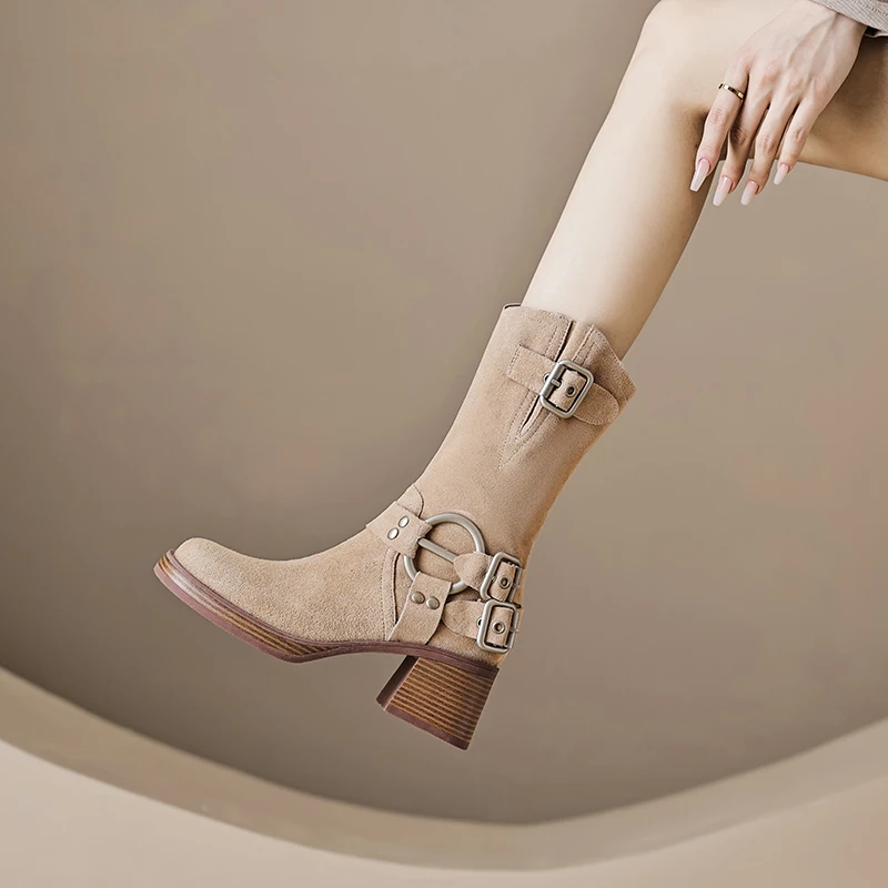 原创废土风秋冬牛仔中筒靴粗跟厚底真皮短靴皮带扣马丁靴堆堆靴潮