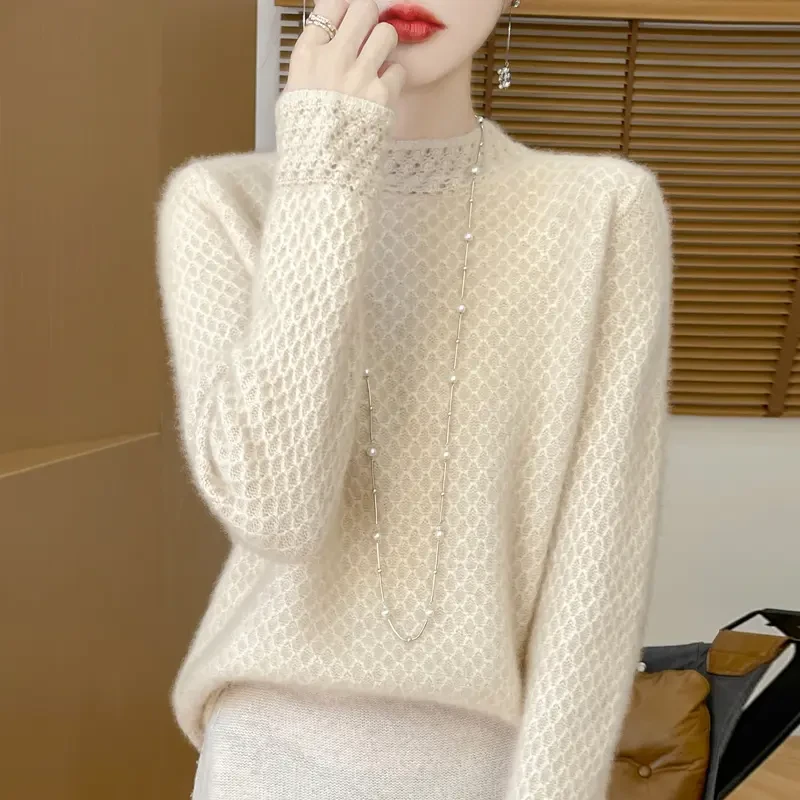 秋冬时尚七针加厚蜂窝纯羊绒衫圆领气质针织打底衫女士显瘦毛衣新