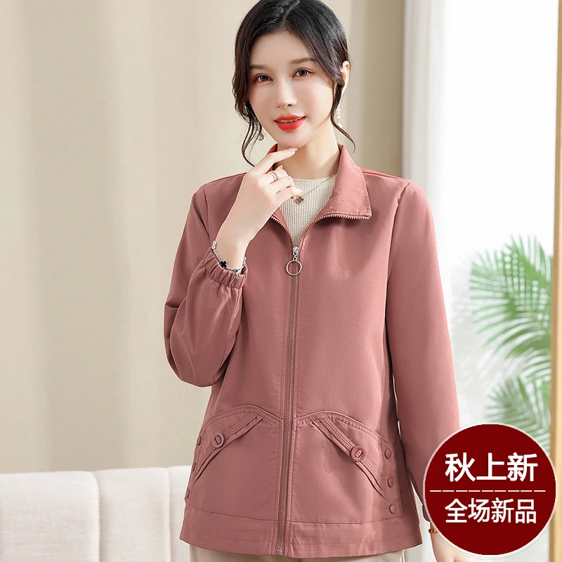 妈妈春秋短款夹克休闲百搭时尚中老年人女2024新宽松翻领气质外套