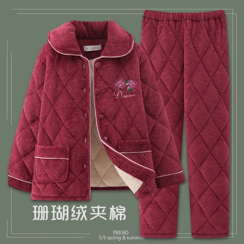 睡衣女士冬季三层加厚夹棉珊瑚绒保暖中老年妈妈家居服加大码套装