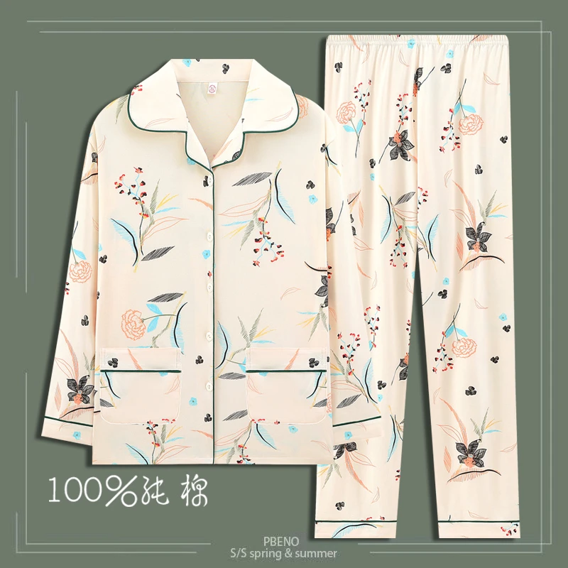 100%纯棉睡衣女士春秋季长袖开衫加大码宽松中老年妈妈家居服套装