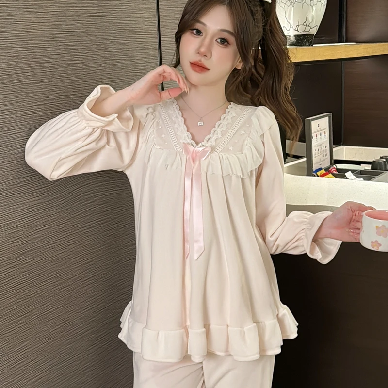 纤线依【小公举】秋冬款睡衣女海岛绒长袖套装蕾丝公主风柔软保暖家