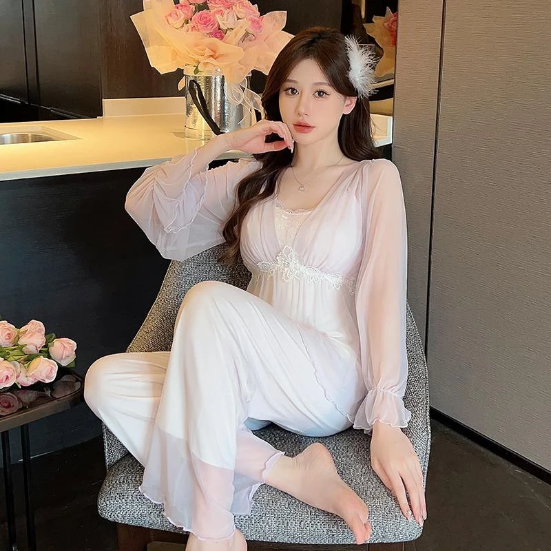 睡衣女春秋季莫代尔棉高级感网纱甜美蕾丝带胸垫长袖套装家居服秋