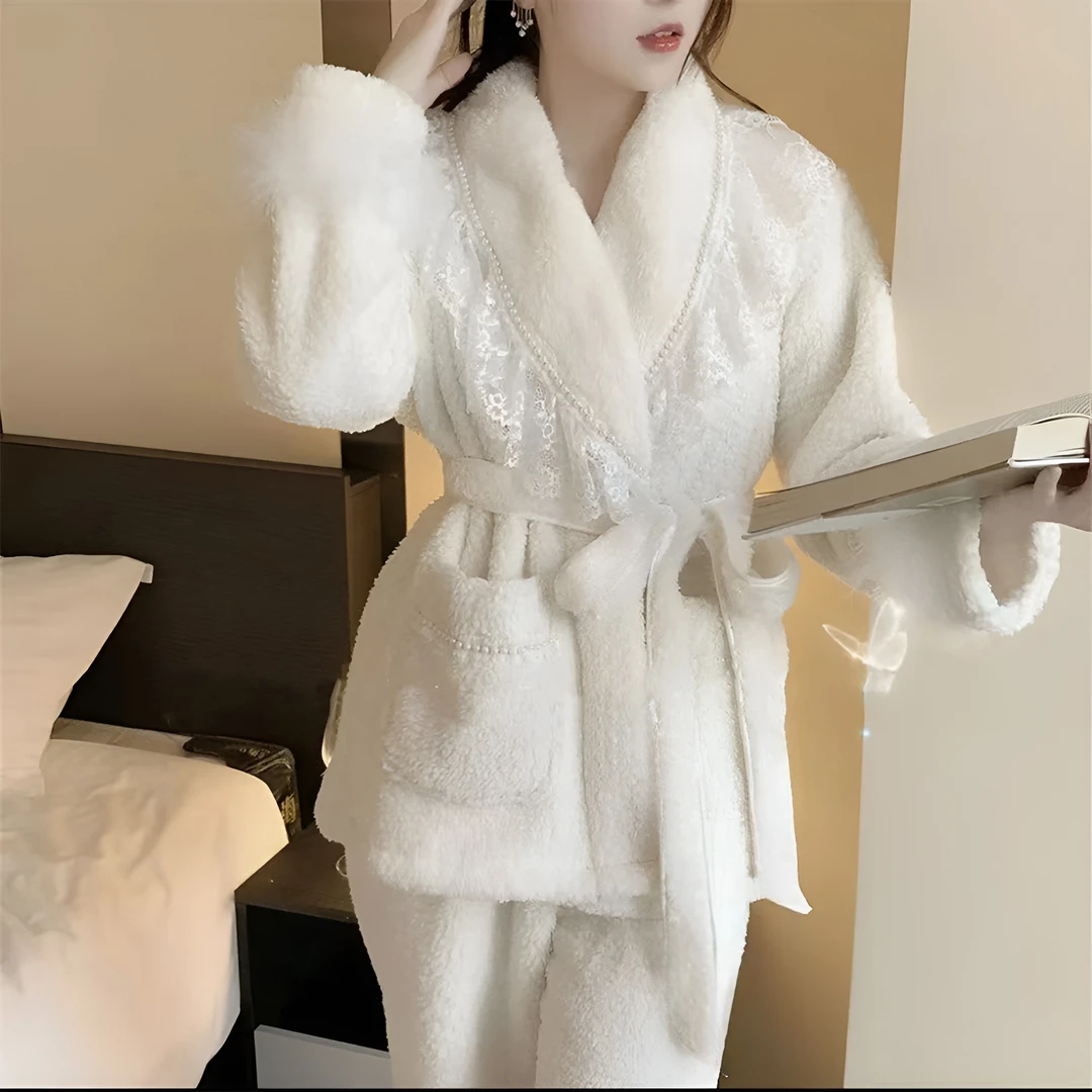 千线艺【珍珠白茶】睡衣秋冬季加厚保暖高奢珍珠睡袍家居服套装