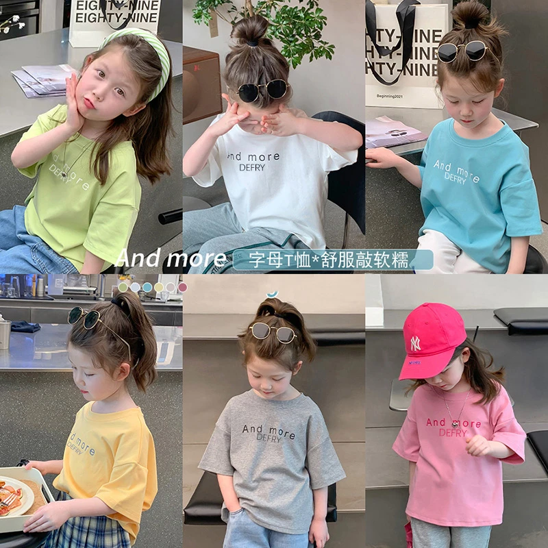贝尔熊女童短袖夏季纯棉糖果色t恤字母半袖儿童上衣洋气童装