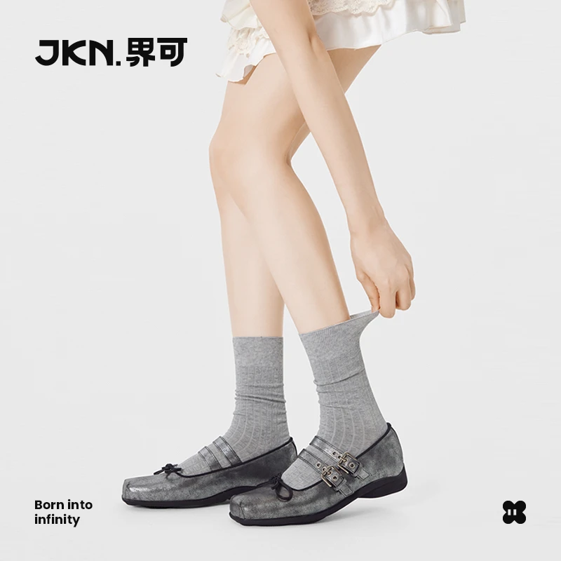 JKN竖条纹堆堆袜小腿袜棉芭蕾风配玛丽珍鞋夏季白色无骨中筒袜zt