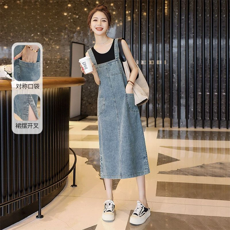 复古牛仔背带裙夏季新款女宽松直筒显瘦小众中长款字吊带连衣裙