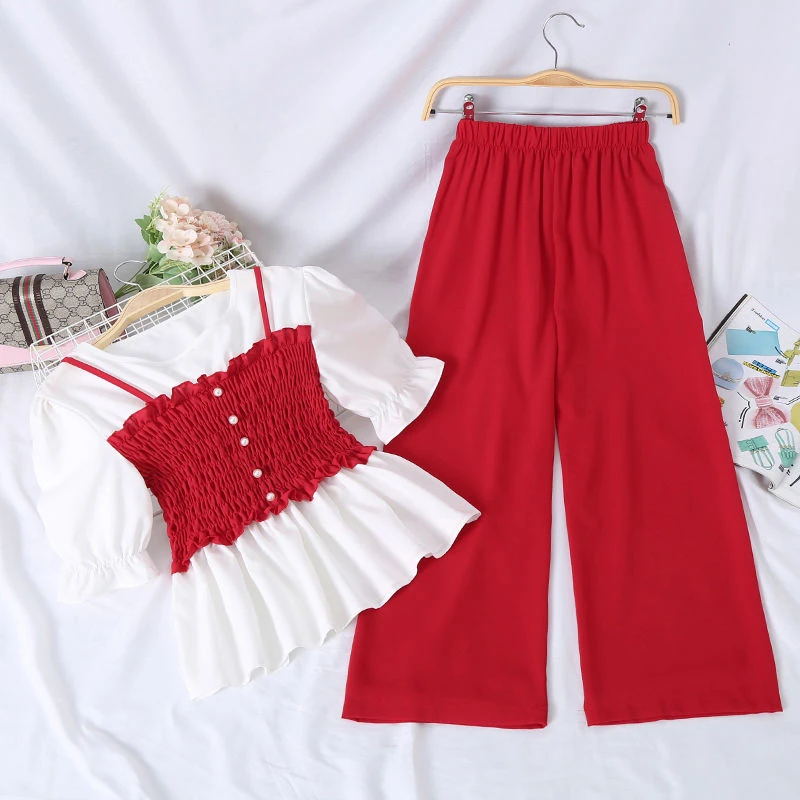 雪纺套装女夏季新款气质时尚阔腿裤+短袖吊带拼接减龄两件套显瘦