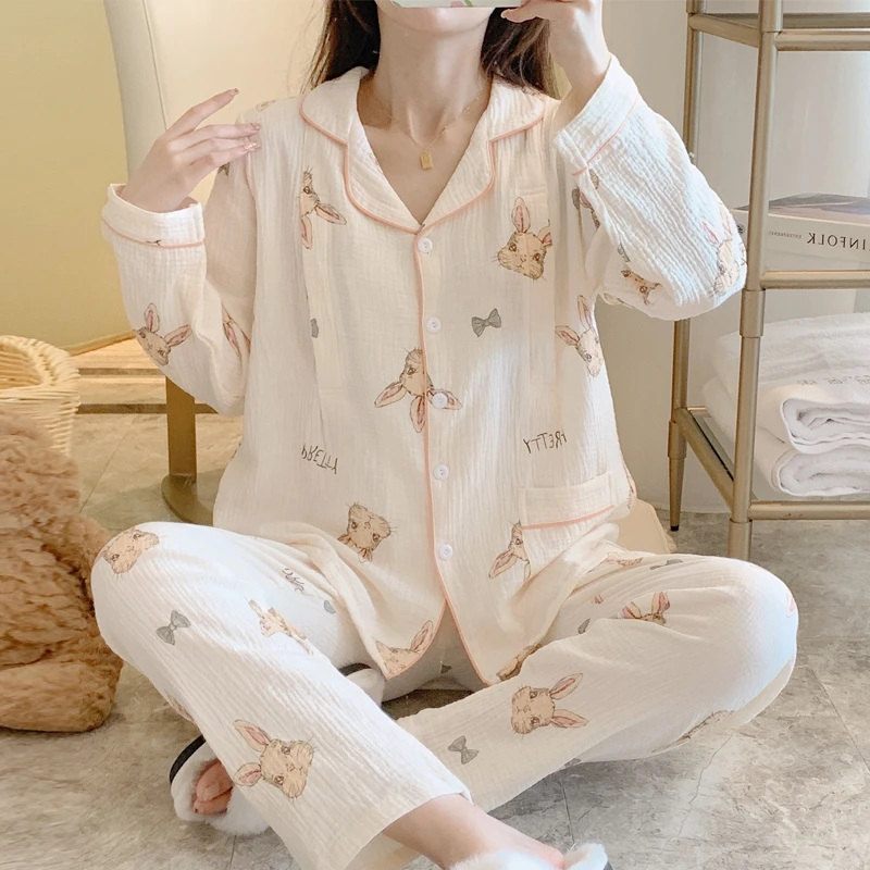 月子服春秋款纯棉纱布产后秋季薄款大码哺乳睡衣10月份