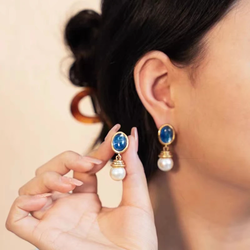 铜合金耳饰 钉气质蓝色复古中古镶嵌素款耳钉-5294