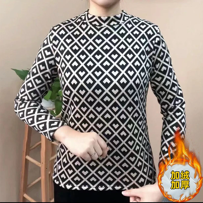 秋冬季新款时尚保暖半高领加绒加厚打底衫遮肉德绒长袖妈妈装上衣