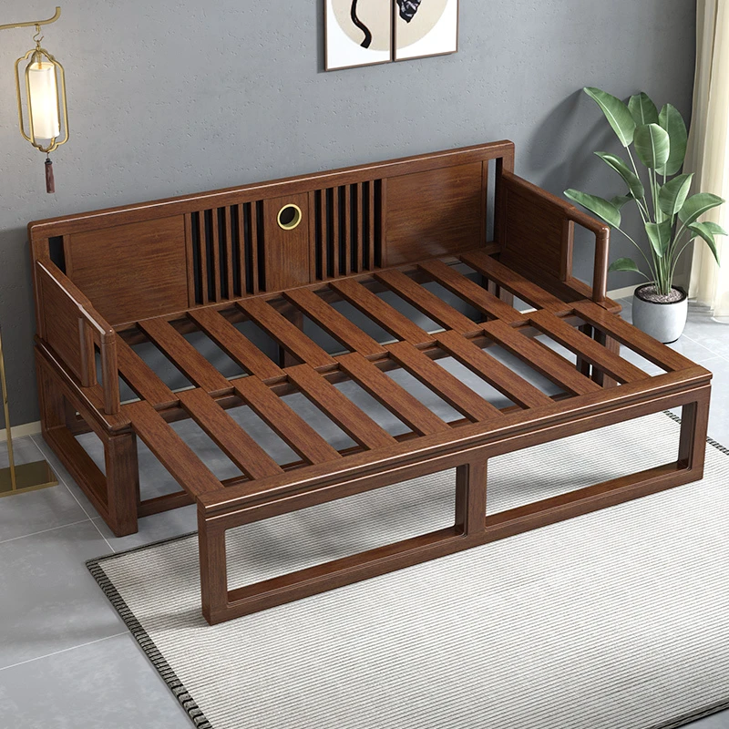 胡桃木罗汉床新中式实木小户型伸缩推拉床沙发床多功能禅意210111