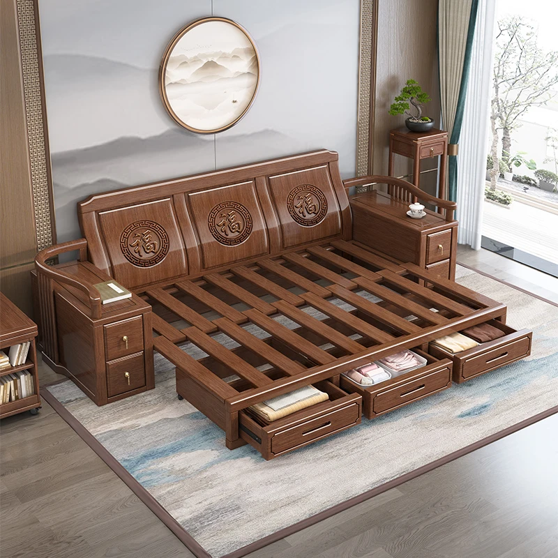 胡桃木实木推拉罗汉床新中式伸缩福字雕花禅意带抽罗汉榻 M240717