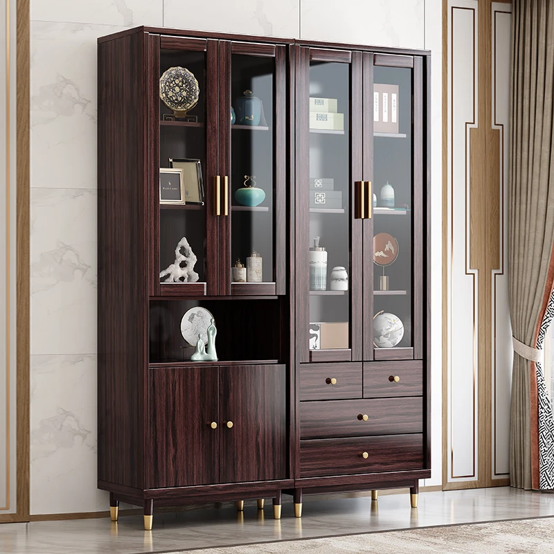 紫金檀木实木书柜新中式置储物玻璃柜书房卧室客厅靠墙组合柜 168