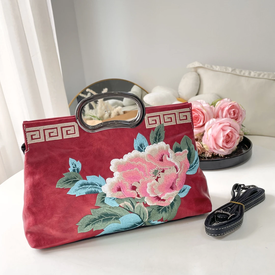 新款刺绣牡丹花国风手提包百搭复古时尚单肩斜挎女包