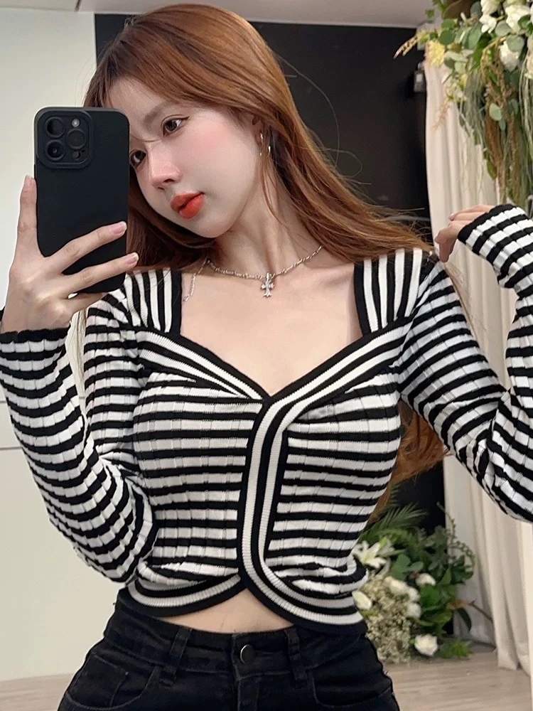 CY104#秋季小香风气质条纹方领针织打底衫上衣女设计感小众毛衣