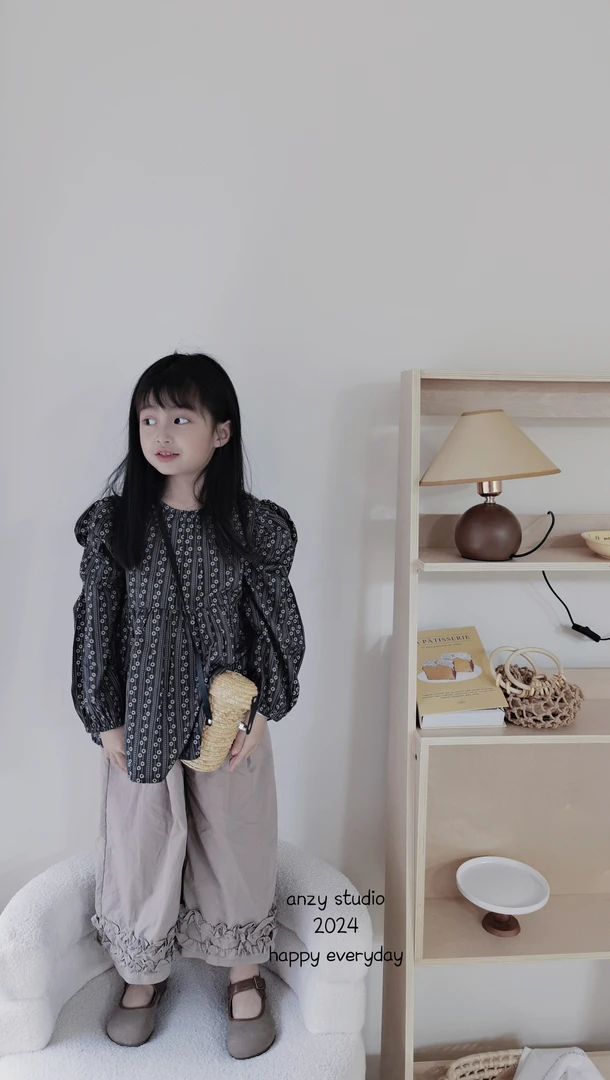 复古蓝灰衬衫，复古花边阔腿九分裤棉料，套装 100-140cm休闲韩版