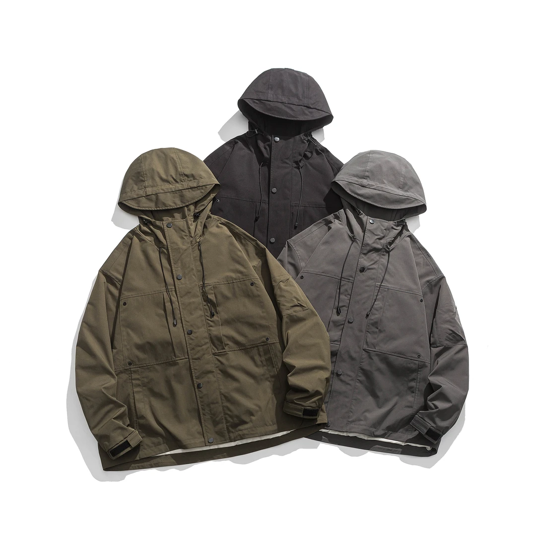 春秋款日系复古工装连帽外套潮流宽松冲锋衣套头夹克2306