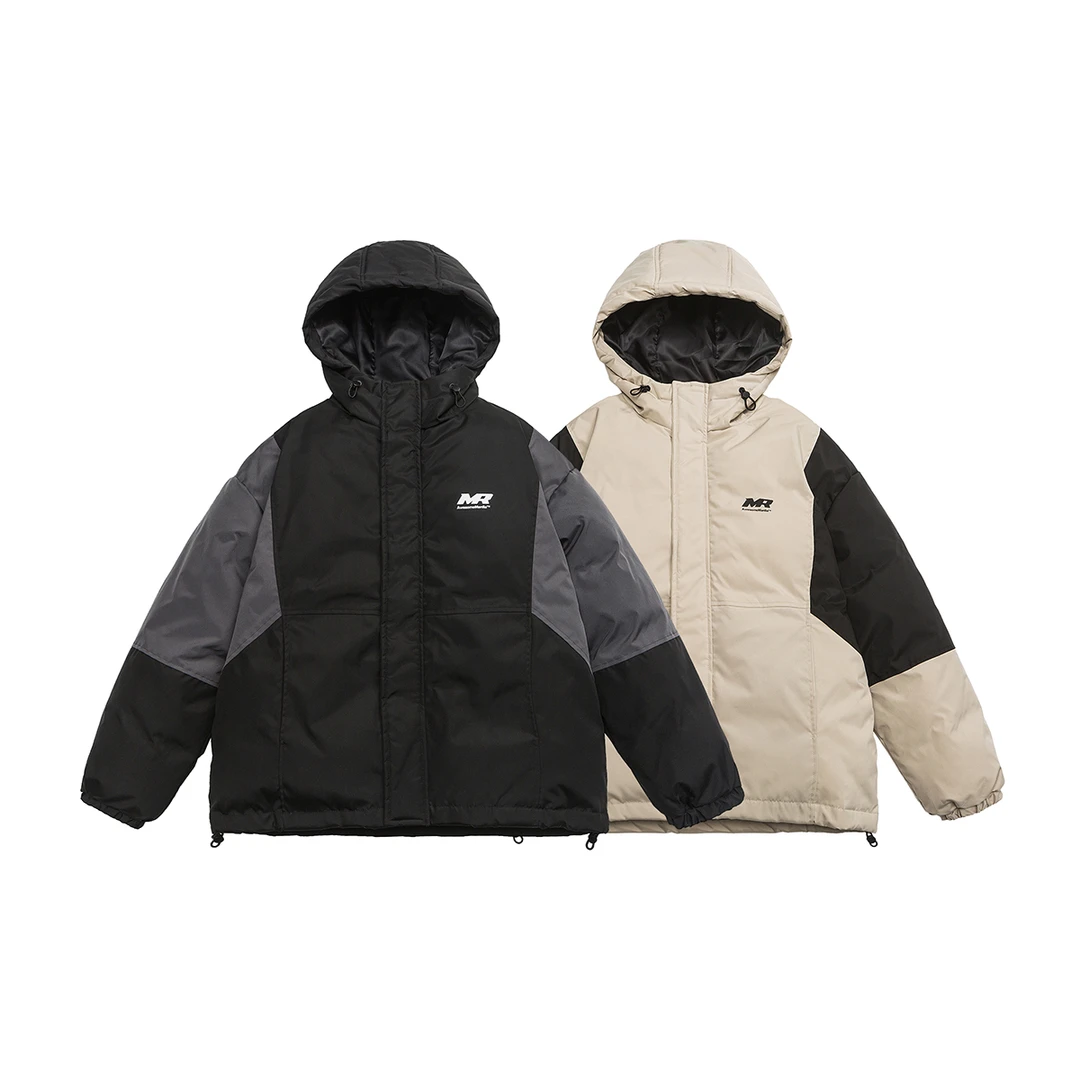 S5163日系简约复古潮牌冬季保暖设计感拼色连帽棉衣