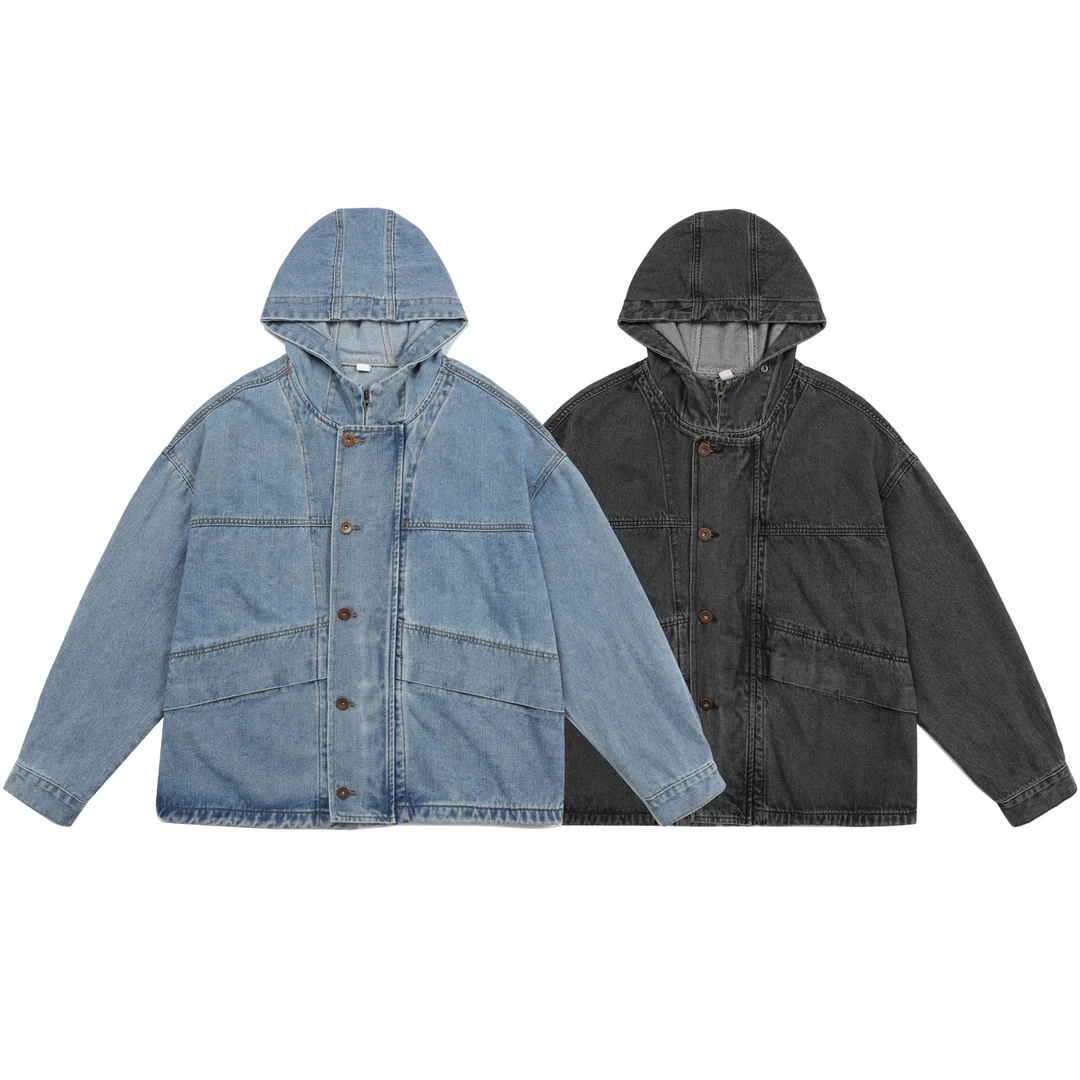 C2673春秋潮牌日系简约水洗复古ins宽松情侣百搭连帽牛仔夹克