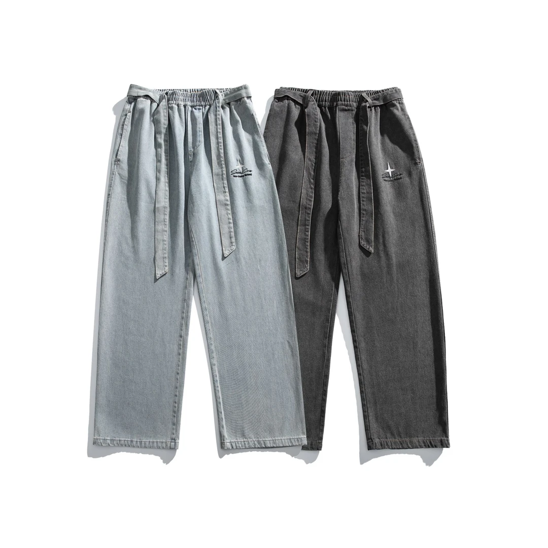 K868春秋潮牌美式复古刺绣字母情侣百搭休闲直筒阔腿牛仔长裤