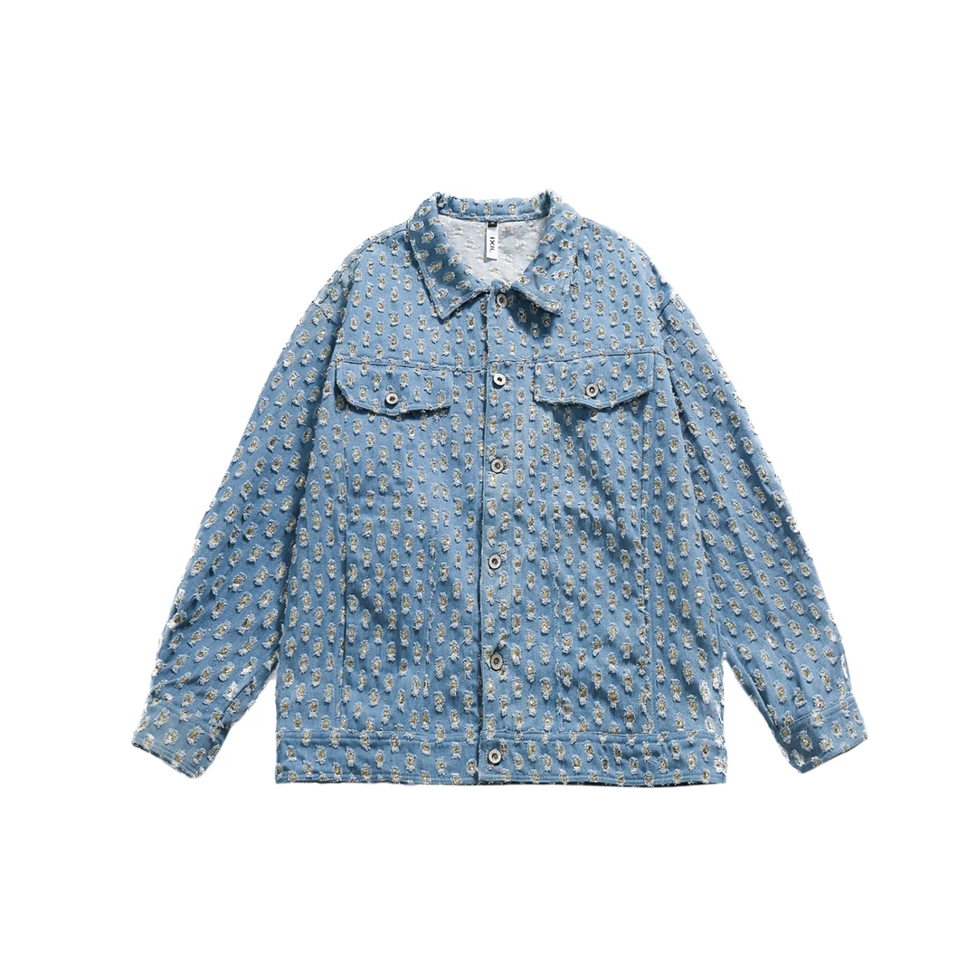 JK7763春秋季美式复古情侣破洞牛仔外套ins潮翻领夹克