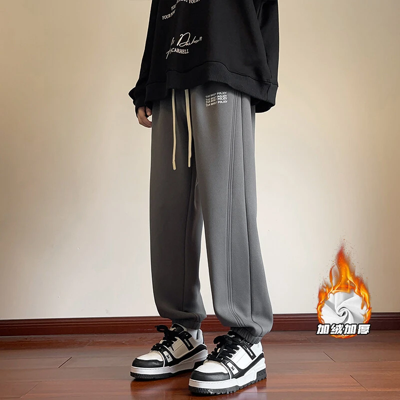 HK23828港风潮牌冬季保暖加绒加厚超柔菠萝格刺绣卫裤