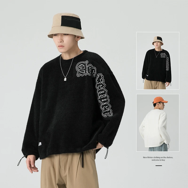 HM0031潮牌冬季ins百搭情侣日系复古慵懒风字母印花圆领毛衣